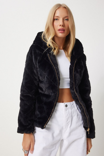 Tüylü Kapüşonlu Oversize Mont SİYAH LRV0062 Tüylü Kapüşonlu Oversize Mont SİYAH LRV0062