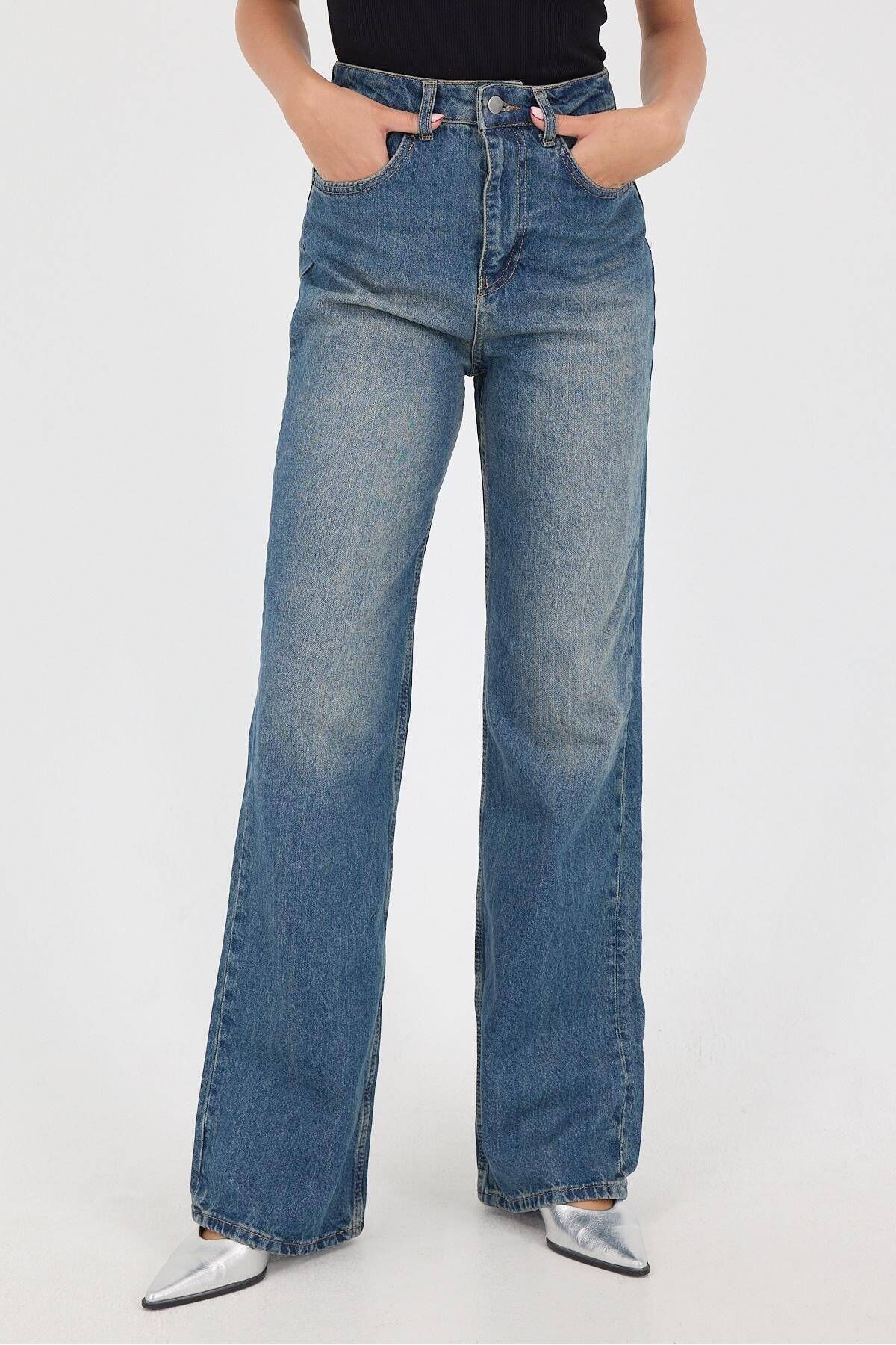 Yüksek Bel Wide Leg Jean Pantolon PN5171-PNR Yüksek Bel Wide Leg Jean Pantolon PN5171-PNR