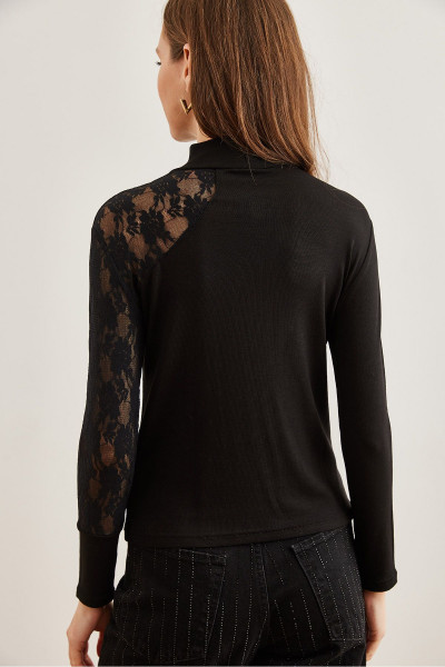 Kadın Siyah Yarım Balıkçı Tek Omuz Dantel Esnek Viskon Bluz BLZ-19002736
