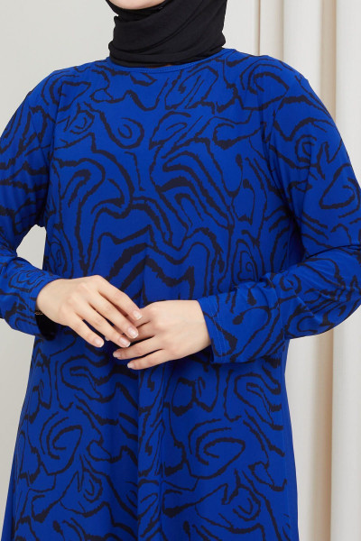 Kadın Saks Sandy Dijital Baskı Bluz Pantolonlu Ikili Tesettür Takım