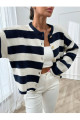Kadın Triko Siyah Beyaz Çizgili Gold Düğmeli Ceket Hırka
