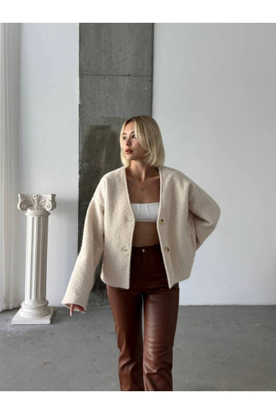 Krem Buklet Kaşe Yün Ceket