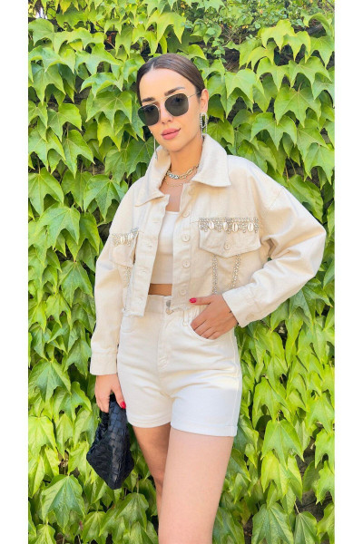 TAŞLI EKRU CROP GABARDİN CEKET