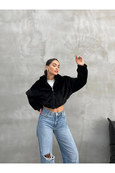 Peluş Crop Kadın Kapüşonlu Mont Peluş Crop Kadın Kapüşonlu Mont