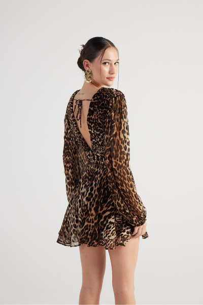 Leopar Desenli V Yaka Mini Janet Elbise Kahve Leopar Desenli V Yaka Mini Janet Elbise Kahve