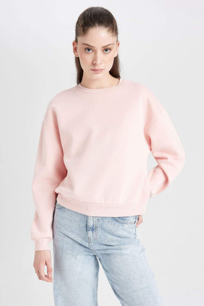 Pembe Regular Fit Bisiklet Yaka Kalın Basic Düz Sweatshirt 3170419