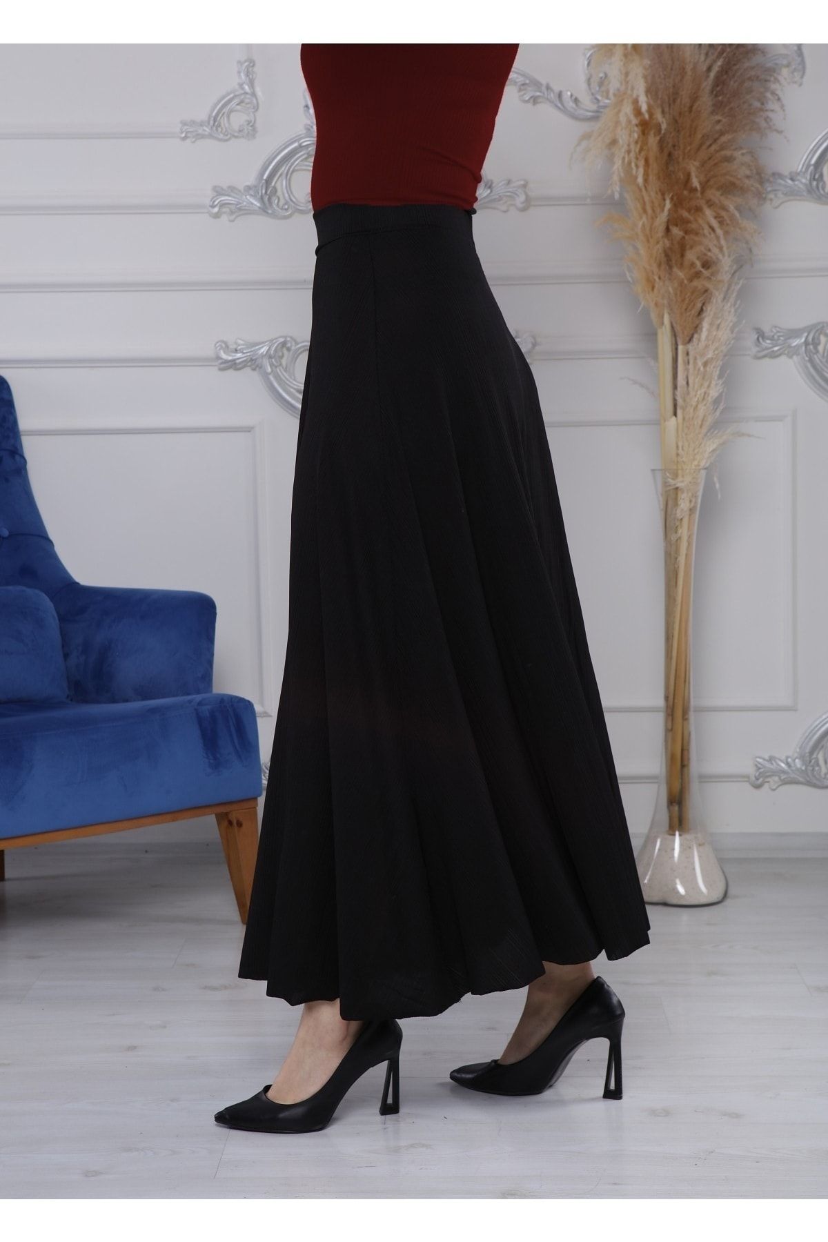 Siyah Uzun Etek Beli Lastikli G029-5s Siyah Uzun Etek Beli Lastikli G029-5s