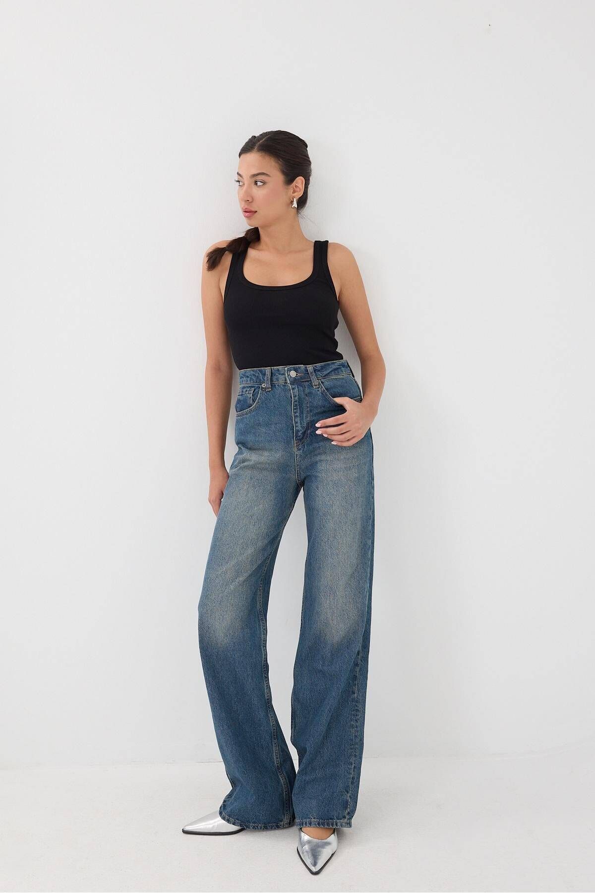 Yüksek Bel Wide Leg Jean Pantolon PN5171-PNR Yüksek Bel Wide Leg Jean Pantolon PN5171-PNR