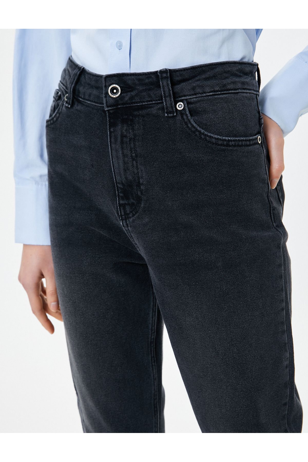 Mom Kot Pantolon Esnek Slim Fit Standart Bel Cepli Pamuklu - Mom Jeans