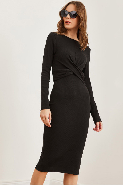 Kadın Siyah Önü Çapraz Detaylı Esnek Midi Elbise ELB-19002258 Kadın Siyah Önü Çapraz Detaylı Esnek Midi Elbise ELB-19002258