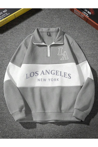Unisex Duman Gri Los Angeles Baskılı Oversize Parçalı Polo Yaka Fermuarlı Sweatshirt Unisex Duman Gri Los Angeles Baskılı Oversize Parçalı Polo Yaka Fermuarlı Sweatshirt