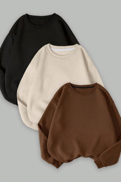 Kadın Siyah Bej Kahverengi 3 Iplik Düz Bisiklet Yaka 3lü Sweatshirt Set Kadın Siyah Bej Kahverengi 3 Iplik Düz Bisiklet Yaka 3lü Sweatshirt Set