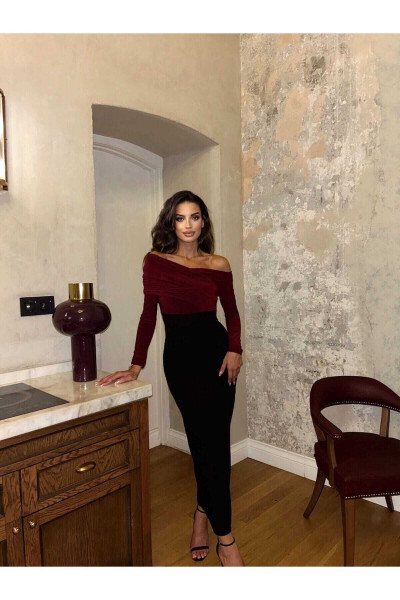 KADIN YAKA BÜZGÜLÜ BORDO MİDİ ELBİSE