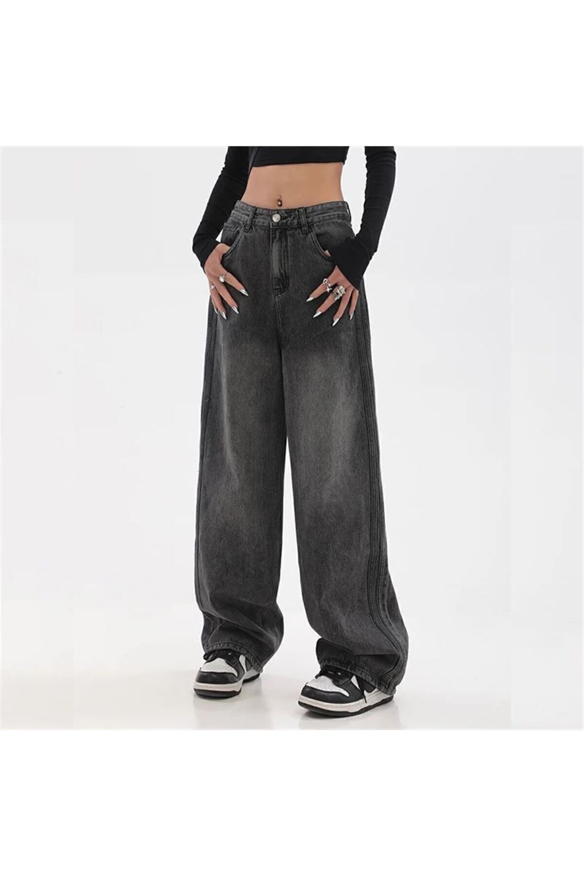 Siyah Yıkamalı Baggy Kot Pantolon Siyah Yıkamalı Baggy Kot Pantolon