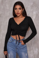 Kadın Siyah Uzun Kollu Büzdürme Bağcık Detaylı Crop Top Bluz Kadın Siyah Uzun Kollu Büzdürme Bağcık Detaylı Crop Top Bluz