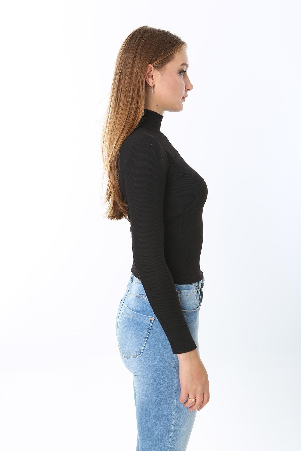 Kadın Siyah Yarım Balıkçı Yaka Dik Yaka Uzun Kollu T-shirt Bluz Kaşkorse Fitilli Kadın Siyah Yarım Balıkçı Yaka Dik Yaka Uzun Kollu T-shirt Bluz Kaşkorse Fitilli