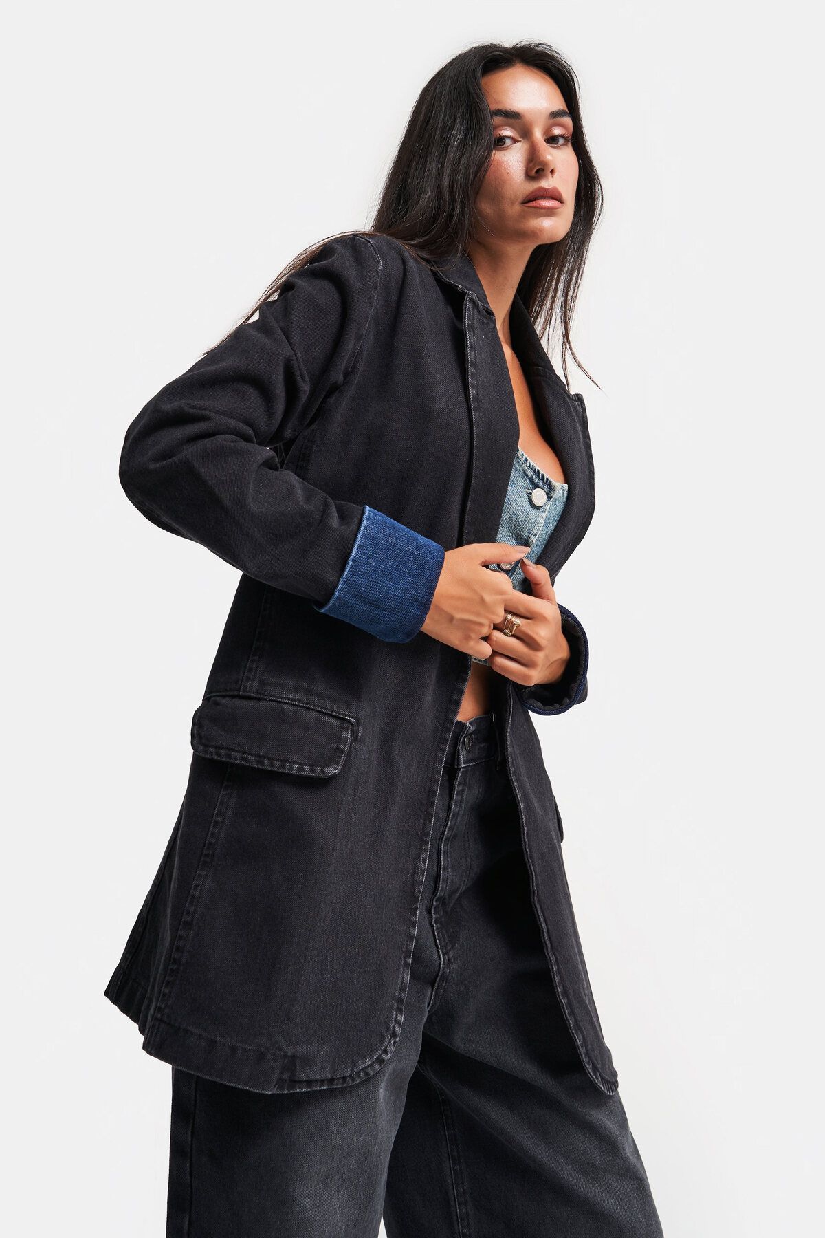 Kadın Siyah Renk Oversize %100 Koton Bol Kesim Ceket