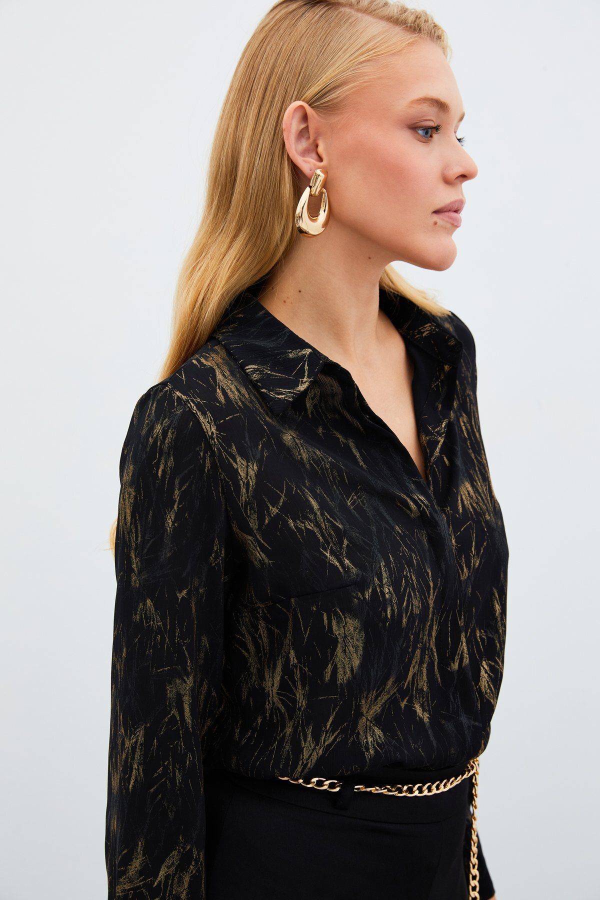 Parlak Desenli Gömlek - SİYAH-GOLD