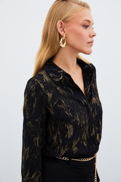 Parlak Desenli Gömlek - SİYAH-GOLD