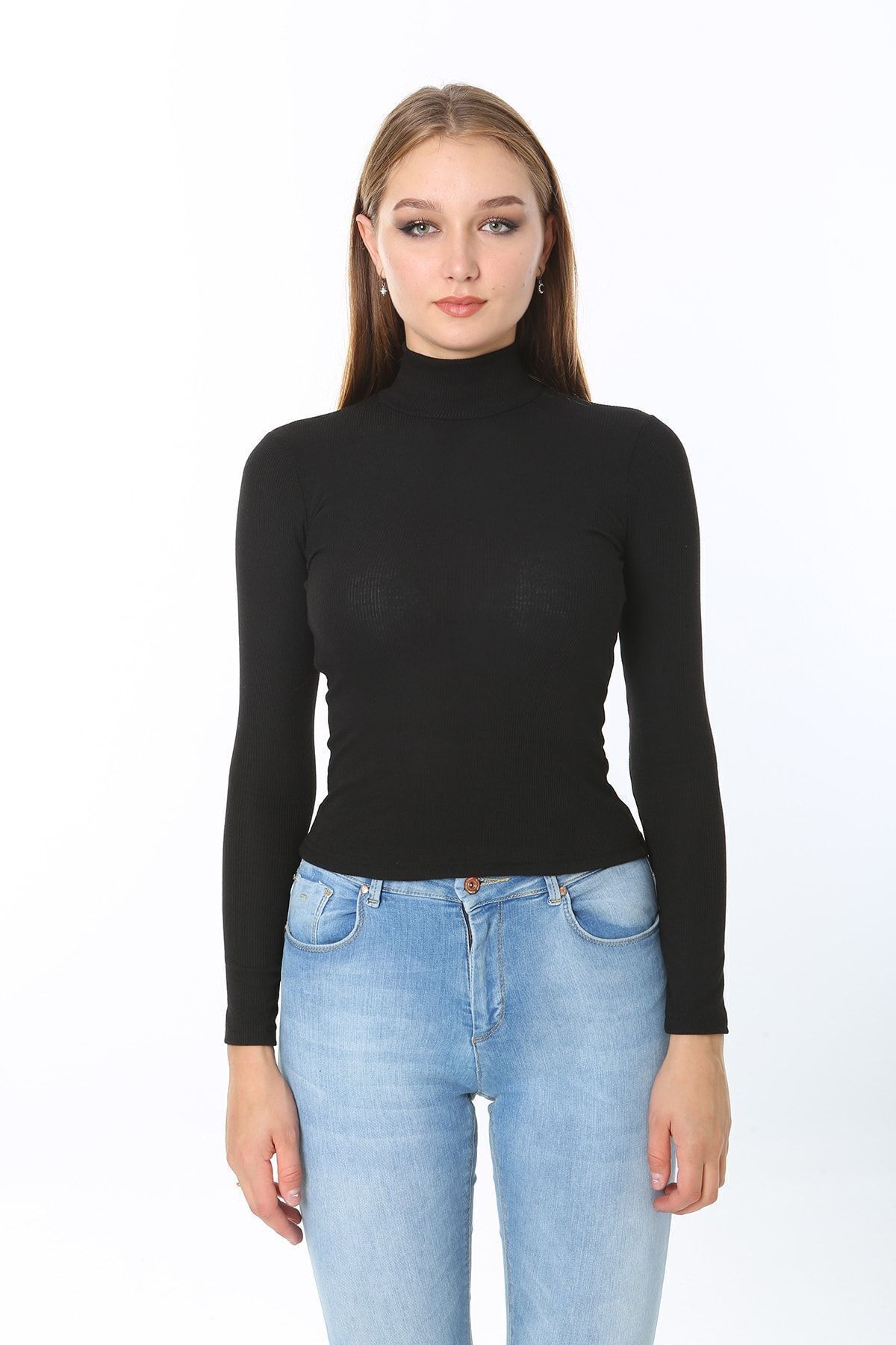 Kadın Siyah Yarım Balıkçı Yaka Dik Yaka Uzun Kollu T-shirt Bluz Kaşkorse Fitilli Kadın Siyah Yarım Balıkçı Yaka Dik Yaka Uzun Kollu T-shirt Bluz Kaşkorse Fitilli