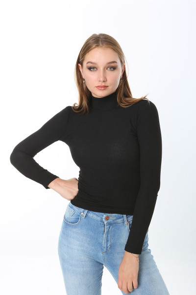 Kadın Siyah Yarım Balıkçı Yaka Dik Yaka Uzun Kollu T-shirt Bluz Kaşkorse Fitilli Kadın Siyah Yarım Balıkçı Yaka Dik Yaka Uzun Kollu T-shirt Bluz Kaşkorse Fitilli