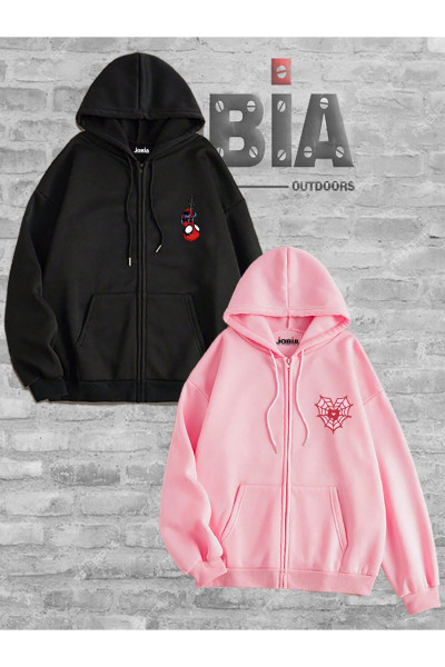Spiderman Ağ Kalp Fermuarlı Kapüşonlu Sweatshirt Polar Ceket Sevgili Kombini 2'li Set Hırka Takım Spiderman Ağ Kalp Fermuarlı Kapüşonlu Sweatshirt Polar Ceket Sevgili Kombini 2'li Set Hırka Takım