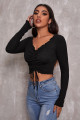 Kadın Siyah Uzun Kollu Büzdürme Bağcık Detaylı Crop Top Bluz Kadın Siyah Uzun Kollu Büzdürme Bağcık Detaylı Crop Top Bluz