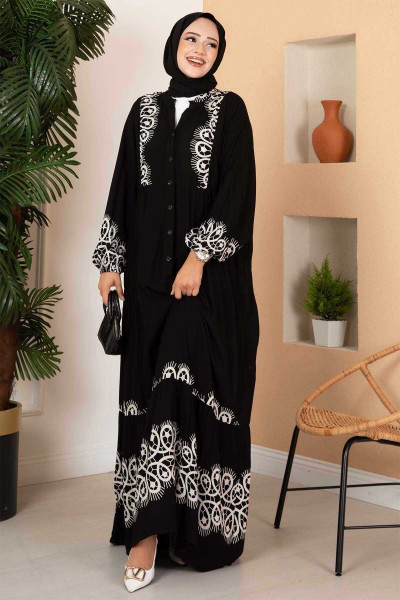 Yarım Düğmeli Desenli Viskon Tesettür elbise