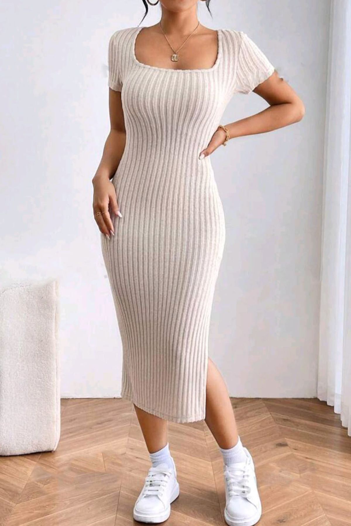 Kadın Trend U Yaka Yırtmaçlı Fitili Elbise Kadın Trend U Yaka Yırtmaçlı Fitili Elbise