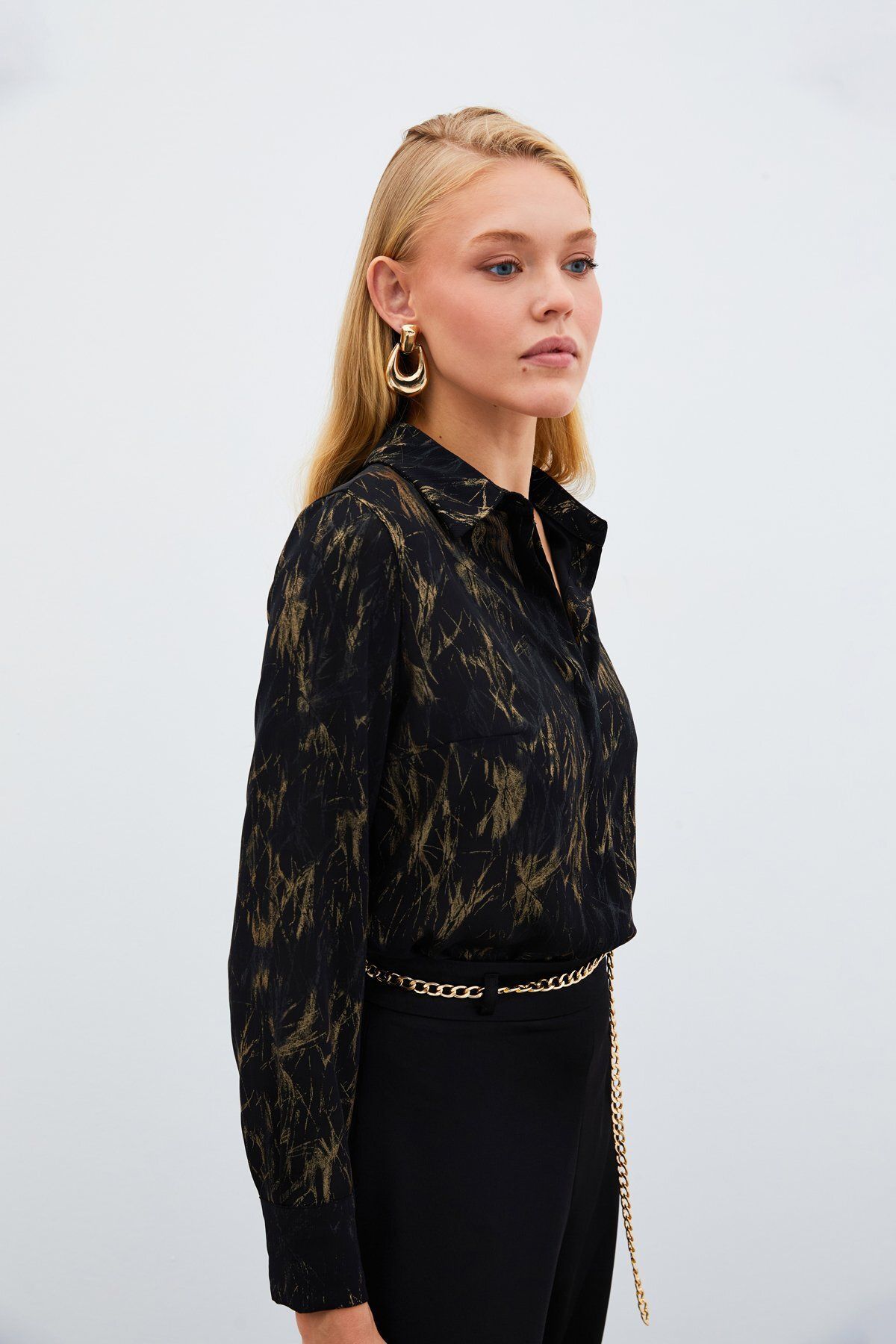 Parlak Desenli Gömlek - SİYAH-GOLD