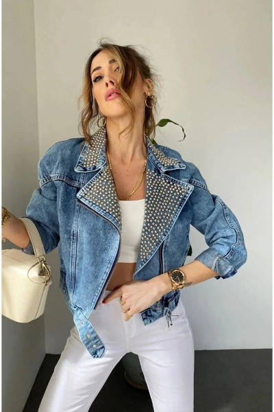 Yakası Taşlı Çapraz Kapama Biker Kot Ceket Yakası Taşlı Çapraz Kapama Biker Kot Ceket