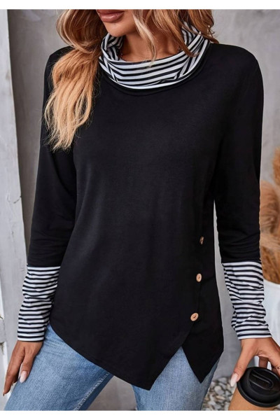 Kadın Uzun Kollu Balıkçı Yaka, Yaka Ve Kol Uçları Şerit Detay Bluz Kadın Uzun Kollu Balıkçı Yaka, Yaka Ve Kol Uçları Şerit Detay Bluz