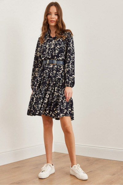 Kadın Yaprak Lacivert V Yaka Volanlı Elbise ELB-19000989 Kadın Yaprak Lacivert V Yaka Volanlı Elbise ELB-19000989