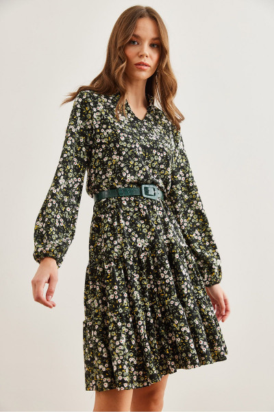 Kadın Papatya Yeşil V Yaka Volanlı Elbise ELB-19000989 Kadın Papatya Yeşil V Yaka Volanlı Elbise ELB-19000989