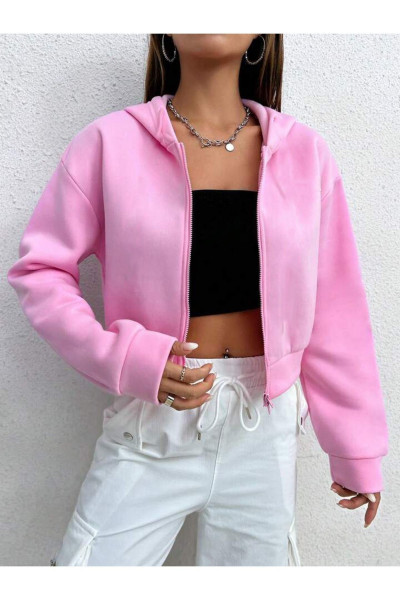 Kadın Pembe Kapşonlu Fermuarlı Crop Hırka 3 İplik Şardonlu Kadın Pembe Kapşonlu Fermuarlı Crop Hırka 3 İplik Şardonlu