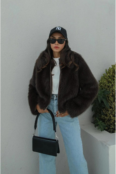 Kahve Winnie Önü Fermuarlı Suni Kürk Ceket Kahve Winnie Önü Fermuarlı Suni Kürk Ceket