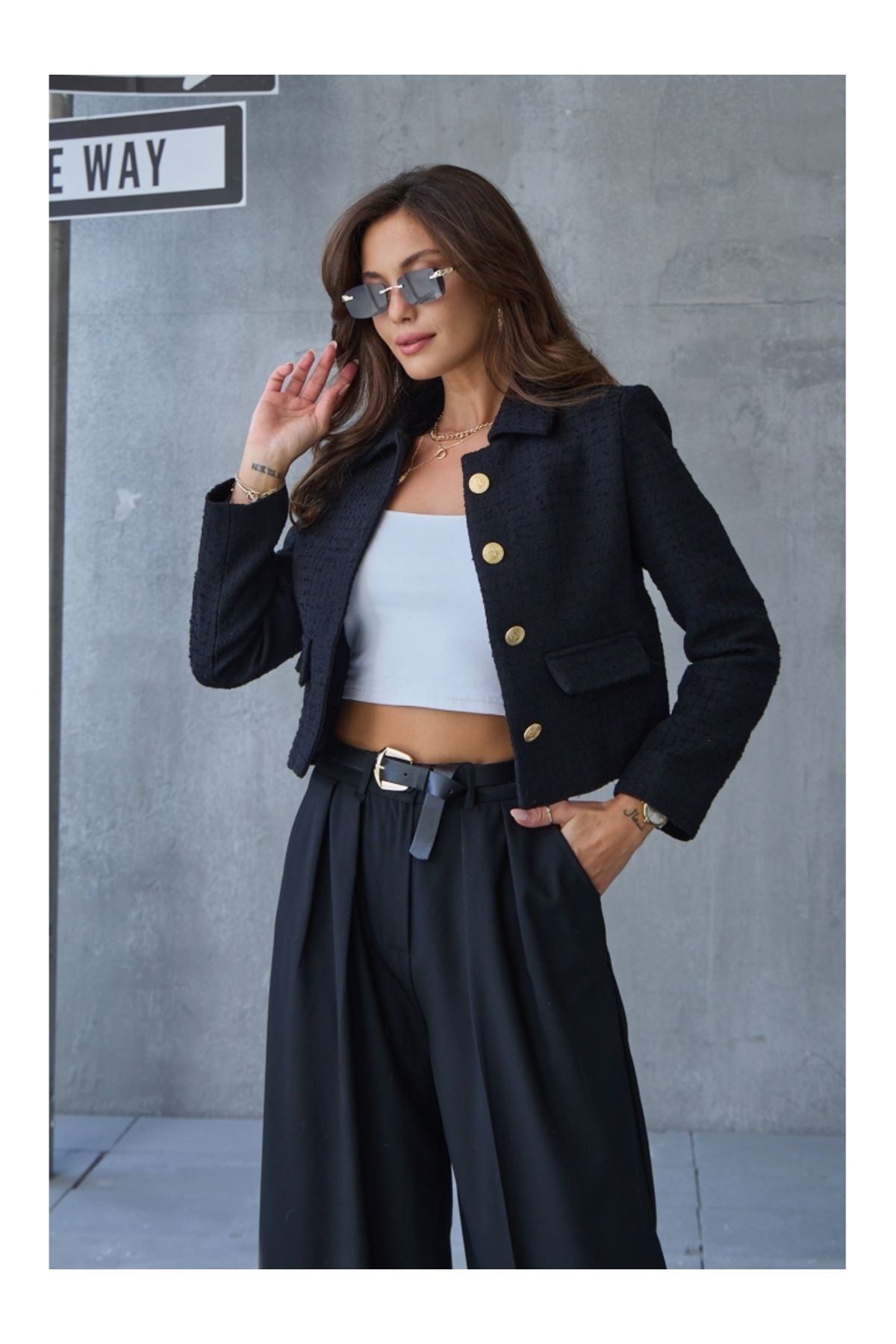 Kadın Siyah Crop Tüvit Blazer Ceket Kadın Siyah Crop Tüvit Blazer Ceket