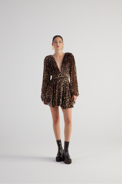 Leopar Desenli V Yaka Mini Janet Elbise Kahve Leopar Desenli V Yaka Mini Janet Elbise Kahve