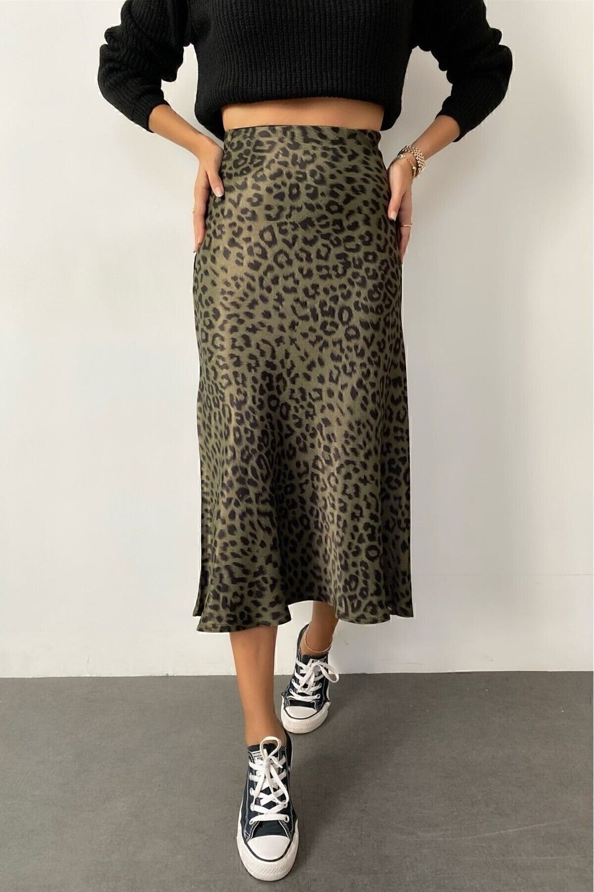 Leopar Desen Viskon Saten Midi Boy Etek -haki Yeşil Leopar Desen Viskon Saten Midi Boy Etek -haki Yeşil