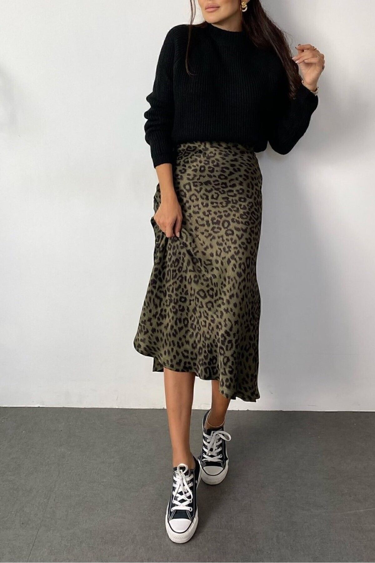Leopar Desen Viskon Saten Midi Boy Etek -haki Yeşil Leopar Desen Viskon Saten Midi Boy Etek -haki Yeşil