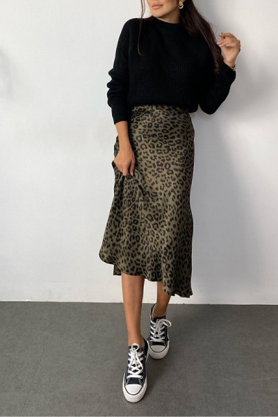 Leopar Desen Viskon Saten Midi Boy Etek -haki Yeşil Leopar Desen Viskon Saten Midi Boy Etek -haki Yeşil