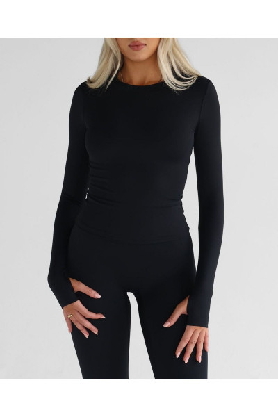 Siyah Yuvarlak Yaka Atlet Boy Parmak Detaylı Body Darkalıp Soft Touch Interlok Penye Bluz