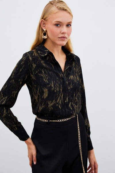 Parlak Desenli Gömlek - SİYAH-GOLD