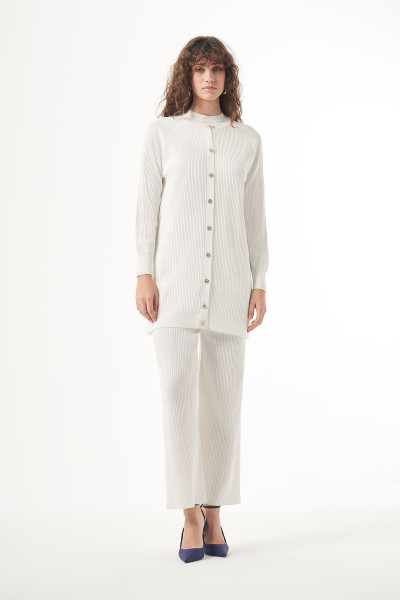 Merserize Çizgi Detay 3lü Hırka İçlik Pantolon Takım 1100 Ekru