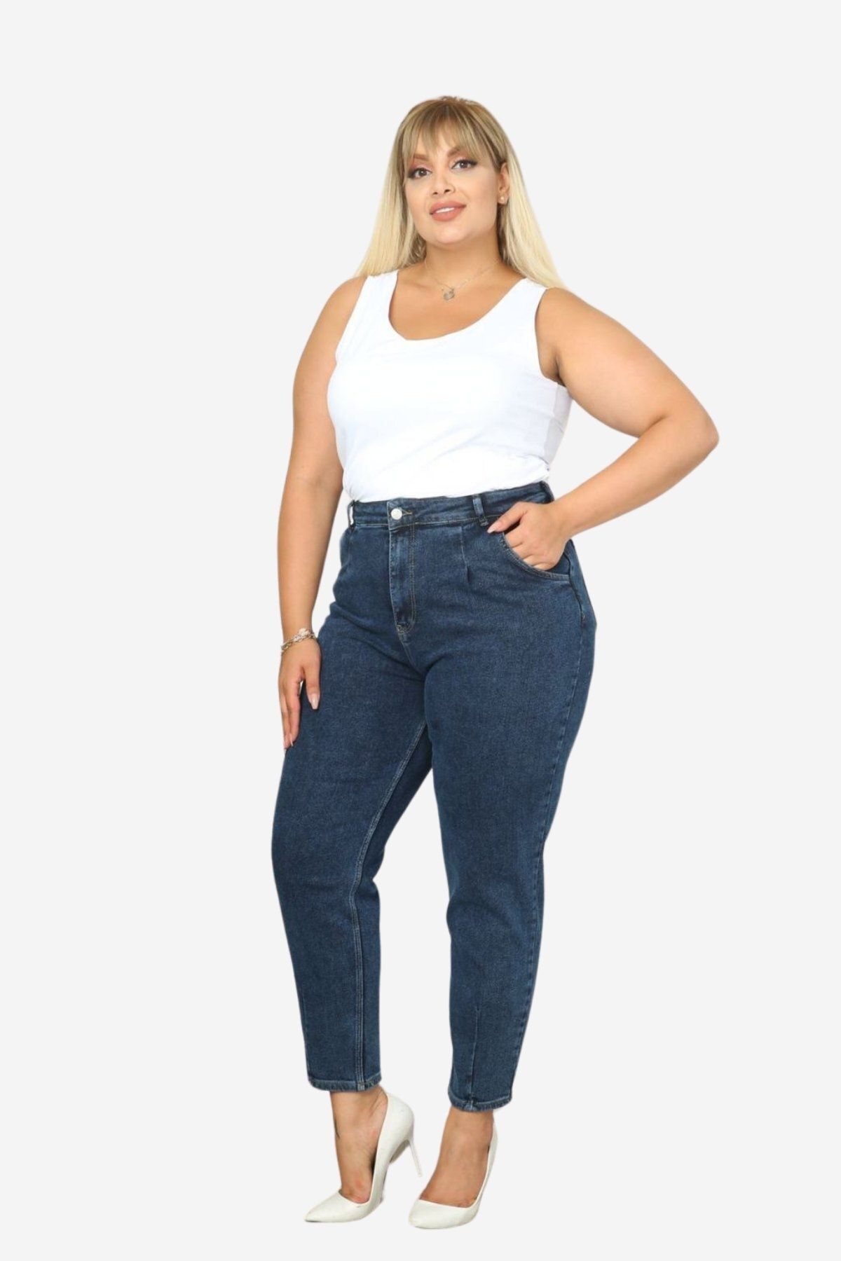 Mom Fit Jean Büyük Beden Yüksek Bel Carrot Kesim Dar Paça Pileli Esnek Kot Pantolon C600 Mavi Mom Fit Jean Büyük Beden Yüksek Bel Carrot Kesim Dar Paça Pileli Esnek Kot Pantolon C600 Mavi