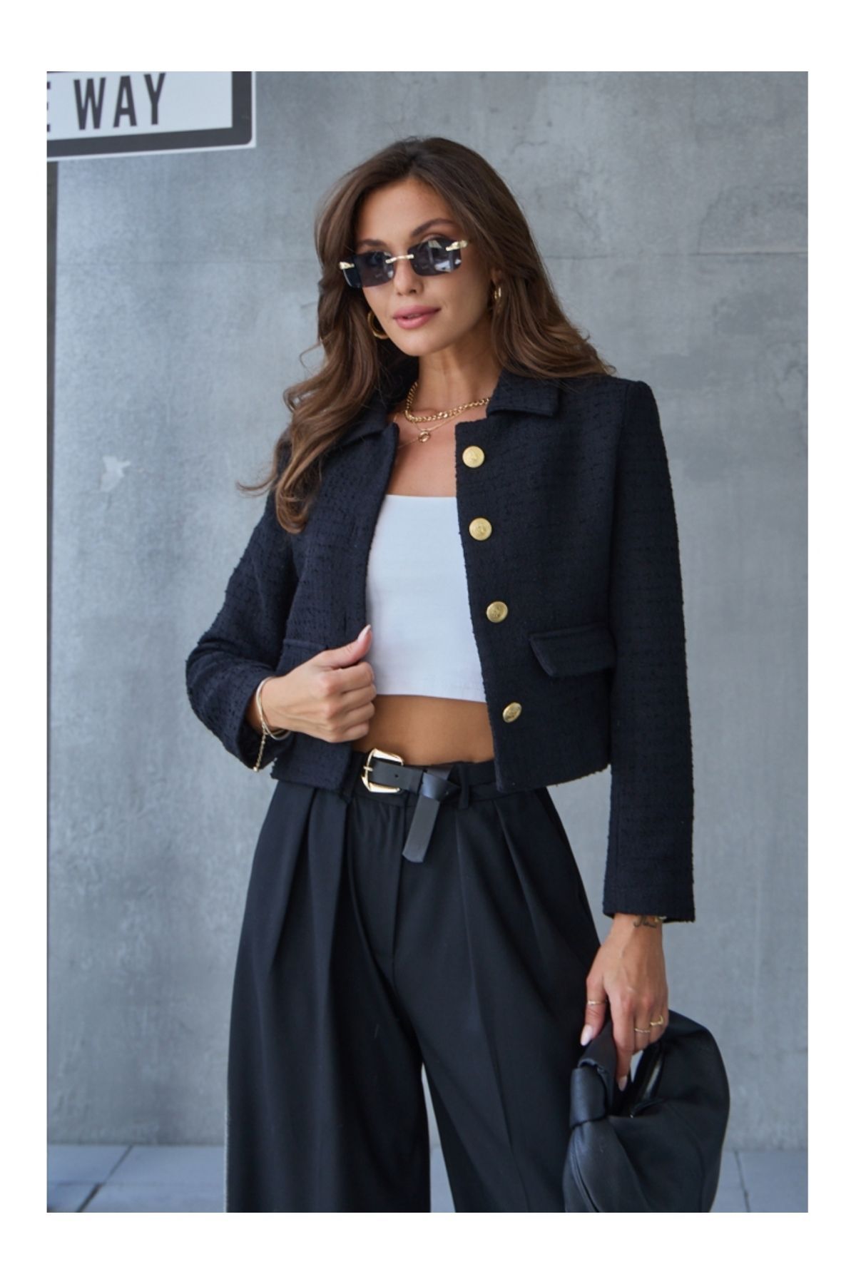 Kadın Siyah Crop Tüvit Blazer Ceket Kadın Siyah Crop Tüvit Blazer Ceket