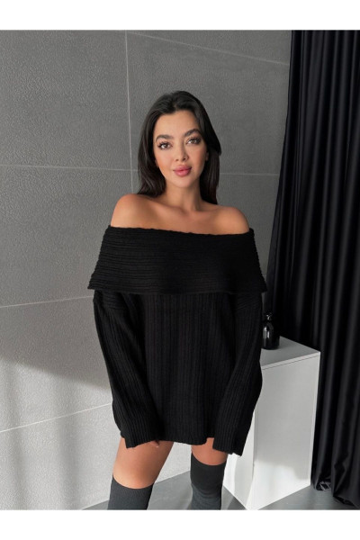 Siyah Kadin Omuzlari Açik Oversize Triko Kazak Siyah Kadin Omuzlari Açik Oversize Triko Kazak
