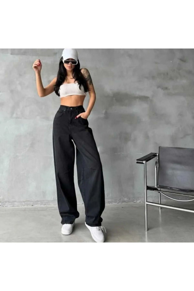Siyah Baggy Toka Detay Palazo Kot Pantolon Siyah Baggy Toka Detay Palazo Kot Pantolon