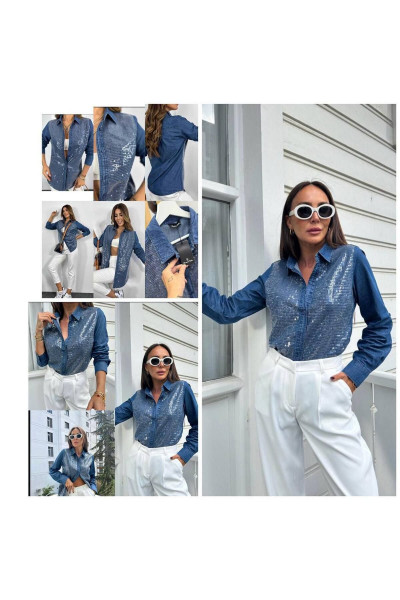 Pullu Premium Denim Gömlek Pullu Premium Denim Gömlek