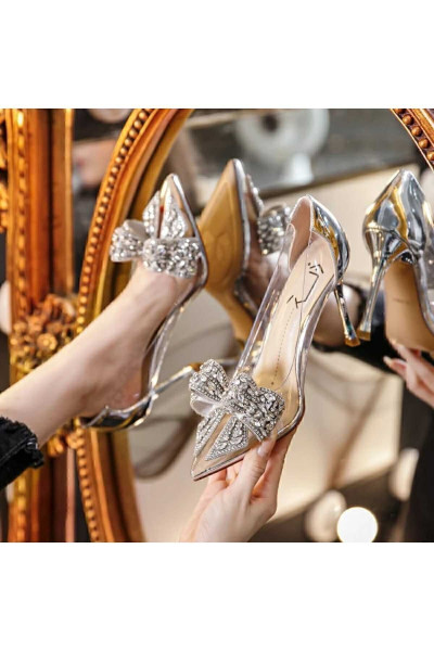 Prenses Şeffaf Fiyonklu Taş Gümüş Renk Galveniz Ökçeli Abiye Ayakkabı